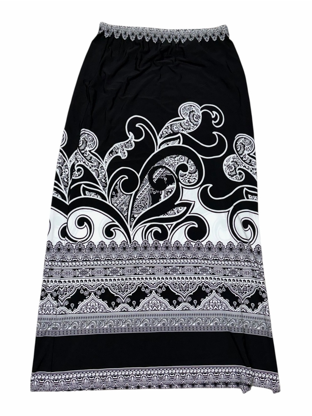 Susan Graver Black White Paisley Border Print Maxi Skirt Small